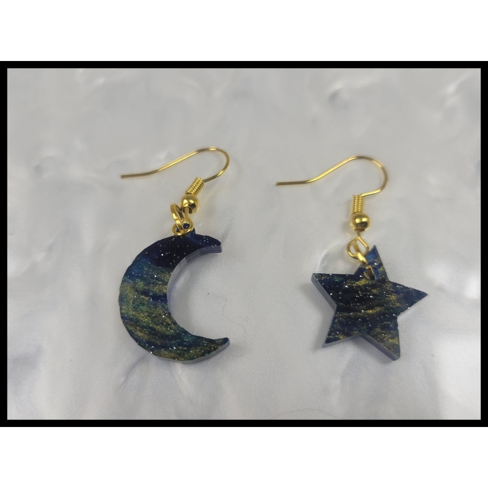Celestial Moon & Star Dangle Earrings, Swirled Blue Green Gold Cosmic Earrings